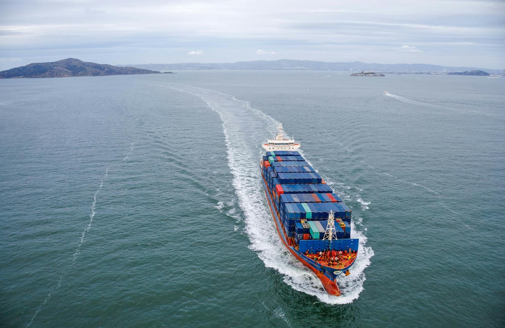 Aerial view of a container ship at sea