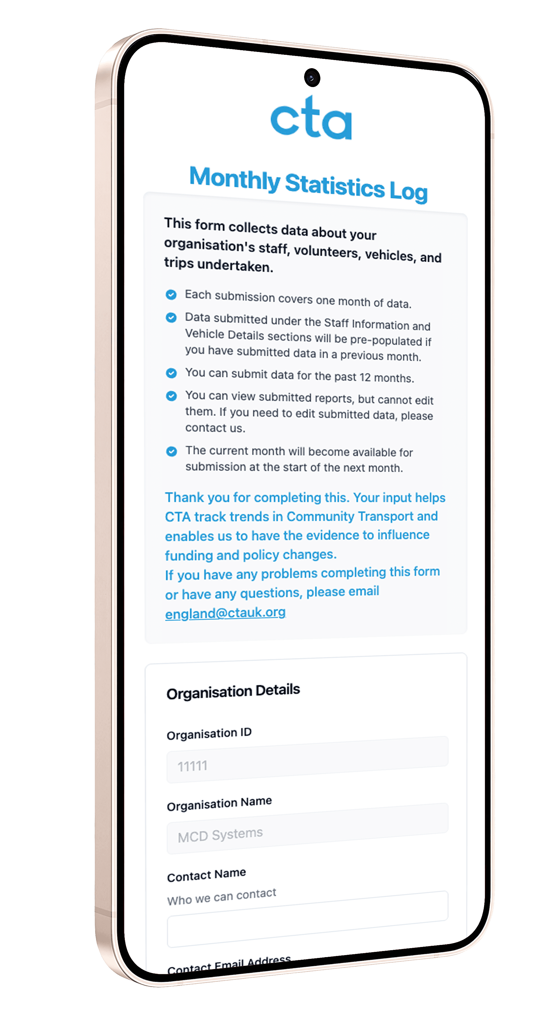 Phone mockup of the CTA application
