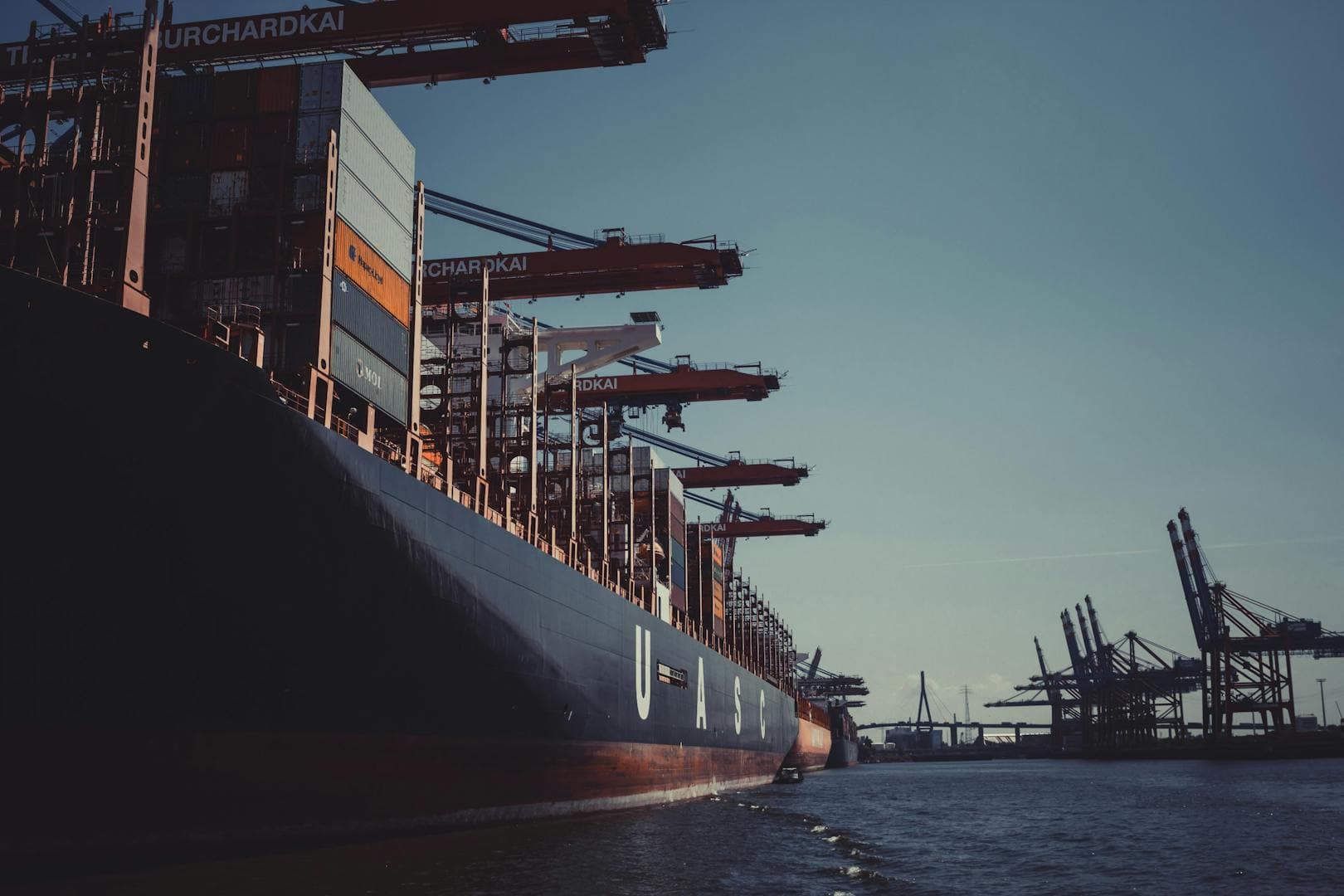Container ship at a Northern European port